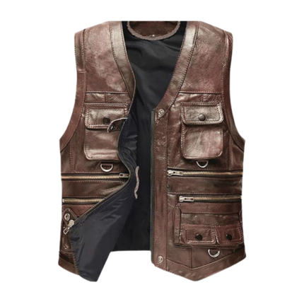 Men’s V-Neck Leather Fashion Vest – Multi-Pocket Top-Grain Leather Gilet, Rugged Casual Jacket, Hip-Hop, and Evening Wear